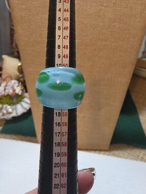 Handmade Blue Glass Ring with Green Dots - Women Jewelry